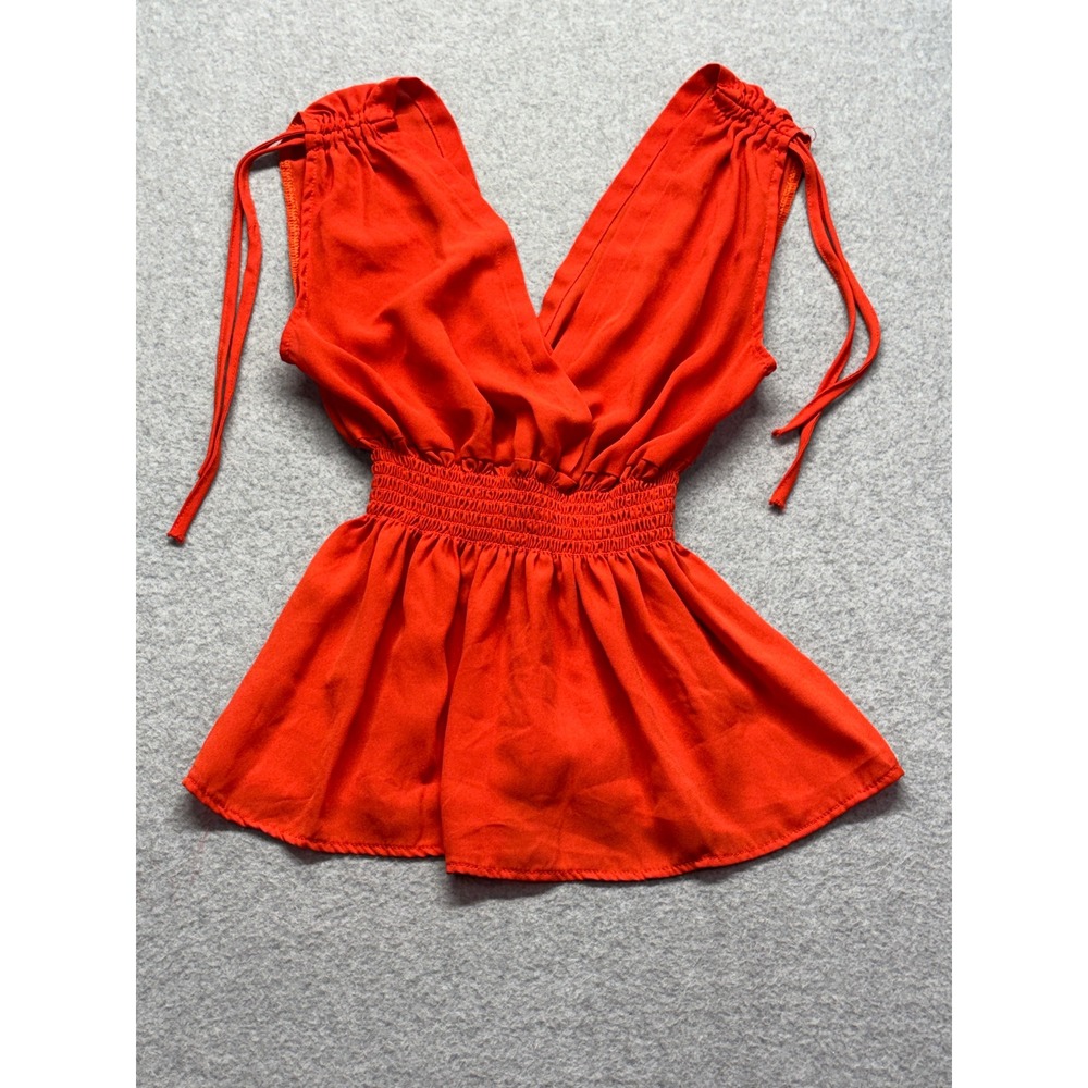 Jon & Anna Contemporary Orange Red‎ Smocked Peplum V-Neck Blouse Small